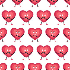 Cute Heart Seamless Pattern, Cartoon Emotion Adorable Mascot, vector pattern featuring heart characters with various emotions. Perfect for Valentine's Day designs, love-themed projects, emotional