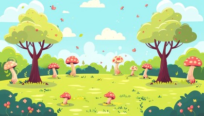 A cartoon landscape featuring a lush green meadow with two trees, colorful mushrooms, and butterflies flying in the blue sky with white clouds.