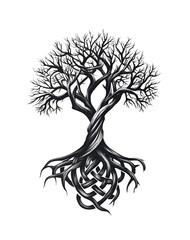 black and grey tattoo design of an oak tree with roots that form the runic characters F_ch white background no shadows no gradient