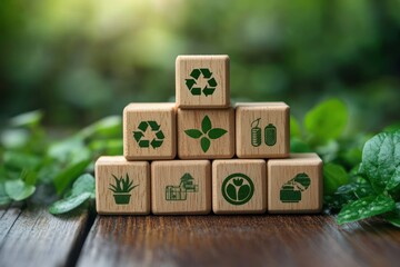 Net Zero Carbon Emissions Strategy for a Sustainable Environment with Eco-Friendly Icons on Wooden Blocks