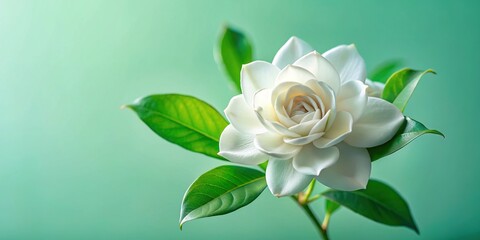 Fototapeta premium Delicate White Gardenia on Mint Green Background - AI Photo