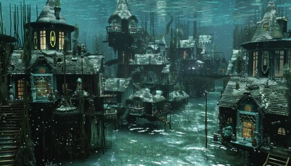 A surreal underwater cityscape with whimsical houses and glowing windows, creating a sense of mystery and wonder.