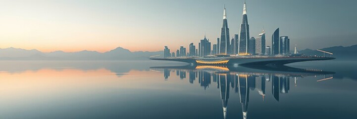 A futuristic floating city with sleek skyscrapers and neon lights reflecting off its surface as it hovers above a tranquil lake, luxury, glow, skyline