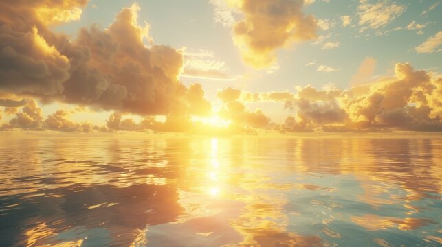 Bright golden clouds hovering over a still ocean at sunrise, the soft light creating a beautiful reflection on the water