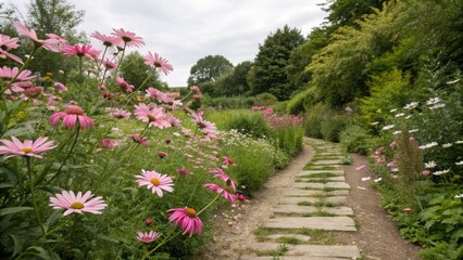 A garden path lined with pink daisies and wildflowers leads to a serene and peaceful atmosphere., spring, floral arrangement, serenity, natural, botanical