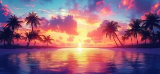 Tropical Beach Sunset with Palm Trees Silhouettes in Warm Vintage Colors