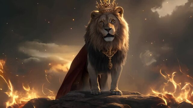 Majestic lion with crown on head as symbol of strength, royalty, leadership. Lion of Judah walking through the desert. Christian religion concept
