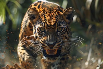 Obraz premium Sri Lankan Leopard charging, jungle background. Wildlife photography for print, websites