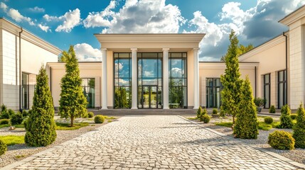 A modern luxury house with cream walls, glass-framed windows, and white columns on either side of the entrance