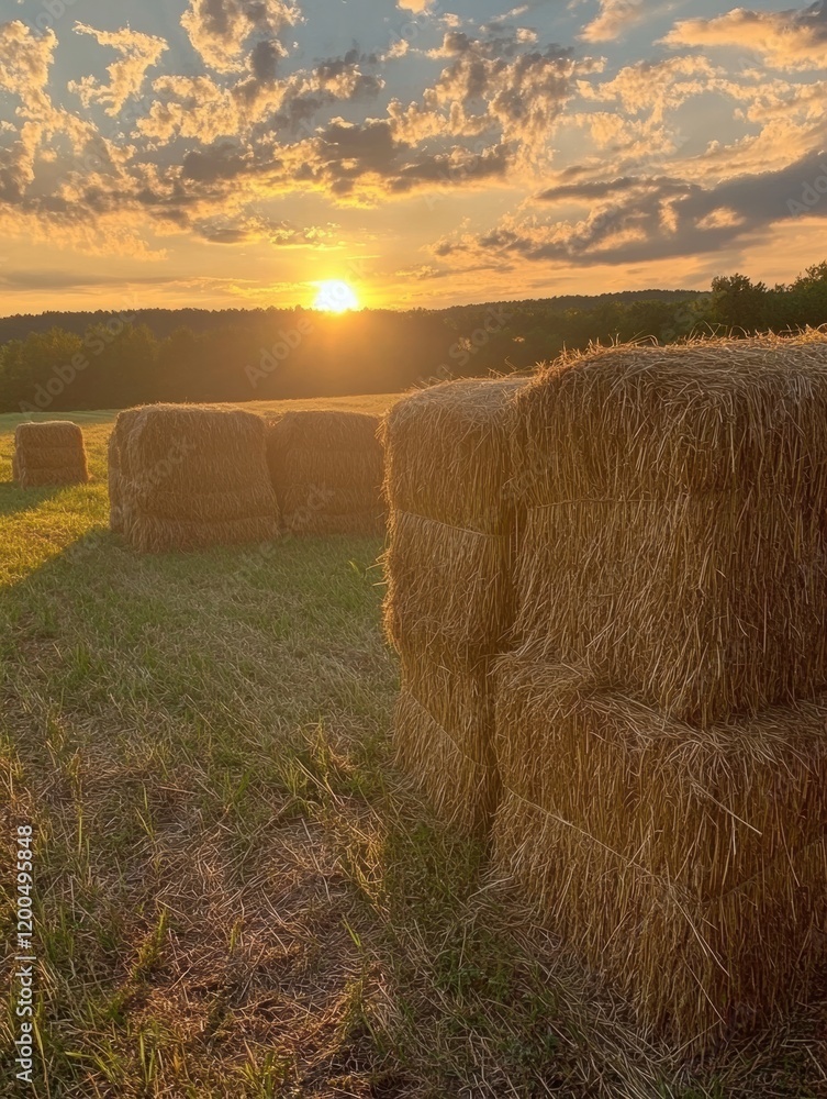 Aufkleber golden sunlight sets over a field with hay bales stacked neatly along the horizon. generative ai