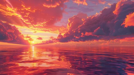 Bright red and orange clouds suspended above a tranquil ocean at sunset, their vibrant colors reflecting on the water