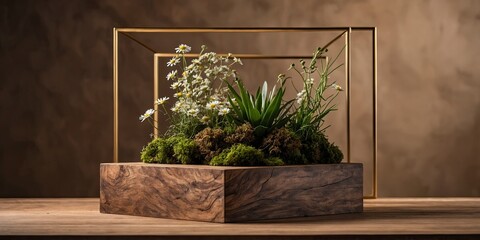 Wooden cube podium with plants for product and cosmetic presentation. Geometric podium with moss