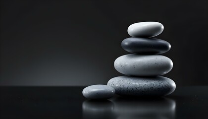 zen, stones, asymmetrical, stack, modern, matte, glossy, textures, polished, black, surface, reflections, subtle, gradient, gray, background, 8K, resolution, balance, harmony, calm, minimalist, 
