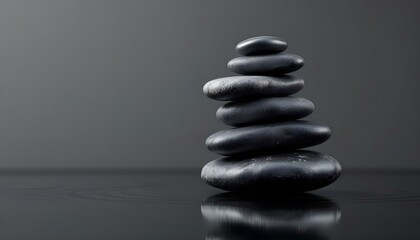 zen, stones, asymmetrical, stack, modern, matte, glossy, textures, polished, black, surface, reflections, subtle, gradient, gray, background, 8K, resolution, balance, harmony, calm, minimalist, 