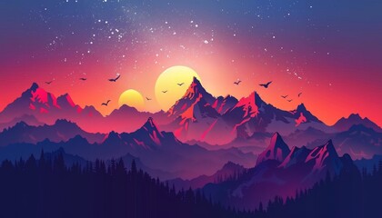 Naklejka premium A vibrant sunset over a mountain range with two suns in the sky.