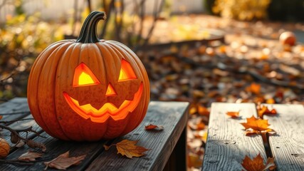 A jack-o'-lantern pumpkin with a bright orange glow sits atop a weathered wooden table surrounded by fallen leaves and twigs on a sunny autumn afternoon., spooky, wooden