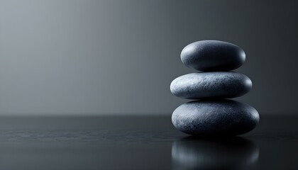 zen, stones, asymmetrical, stack, modern, matte, glossy, textures, polished, black, surface, reflections, subtle, gradient, gray, background, 8K, resolution, balance, harmony, calm, minimalist, 