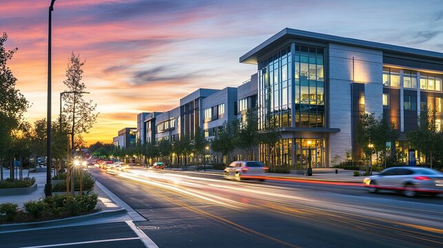 Modern office buildings at sunset, city street, traffic, urban development, real estate marketing