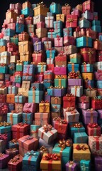 A large collection of gifts and gift boxes stacked on top of each other, gift boxes, decorative boxes