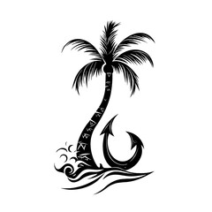 hawaiian tribal hook and palm tree and wave simple one color logo