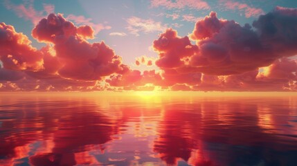 Bright red and yellow clouds suspended above a tranquil ocean at sunset, reflecting on the water