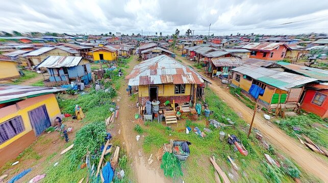 Aerial view of a rural village, showing densely packed homes, unpaved roads, and daily life; for poverty, development, or housing reports