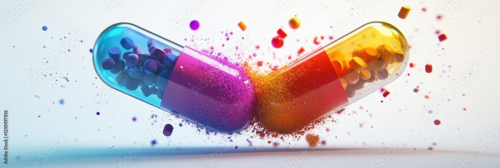 Aufkleber Colorful particles bursting from split capsule in dynamic display of creativity and science. Generative AI