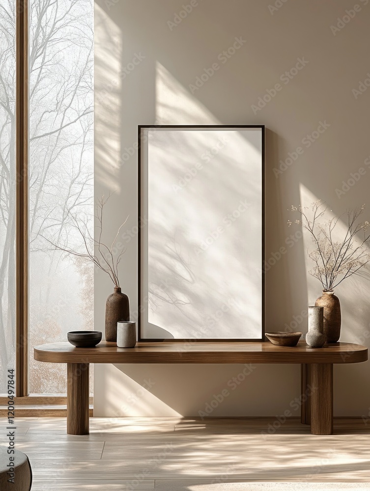 Poster minimalist interior scene with modern table and empty frame in scandinavian design style