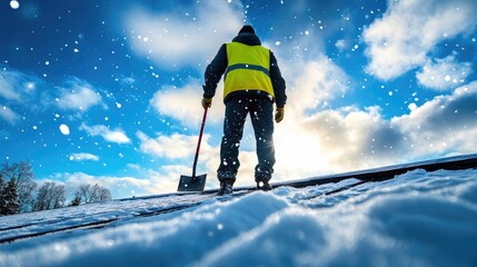 A Man Removing Snow from Roof During Winter Snowfall