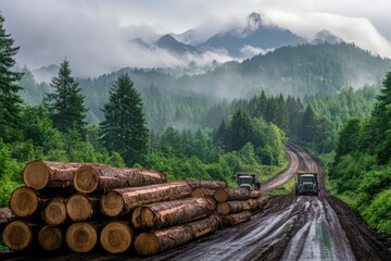 Logging operation in a mountainous forest landscape with stacked logs, heavy machinery, misty mountains, and lush green trees on a rainy day