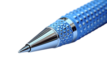 Close-up of a blue pen with a textured grip, designed for writing.