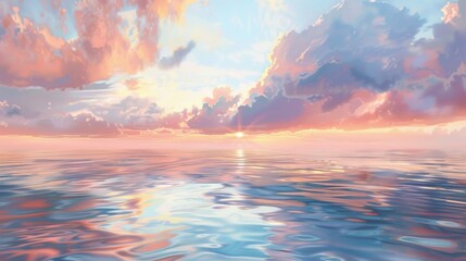 Obraz premium Enchanting pastel clouds floating above a calm sea at sunrise, the sky painted in soft hues and their reflections shimmering on the water