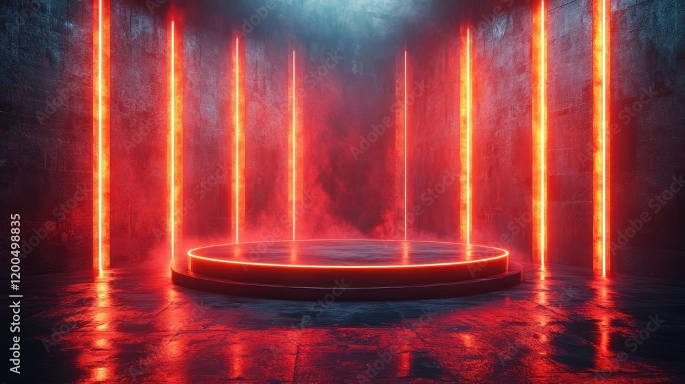 Poster futuristic cyberpunk circular stage with neon lights and glossy textures for product showcase and pr