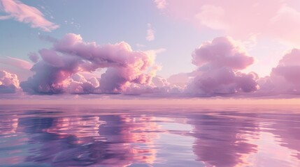 Fluffy lavender and pink clouds floating above a tranquil sea at dawn, the gentle hues blending with the water