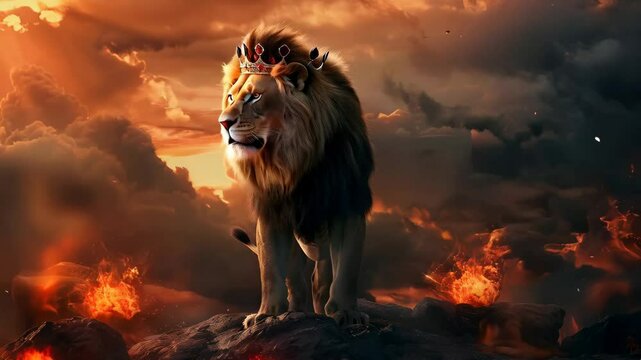 Majestic lion with crown on head as symbol of strength, royalty, leadership. Lion of Judah walking through the desert. Christian religion concept