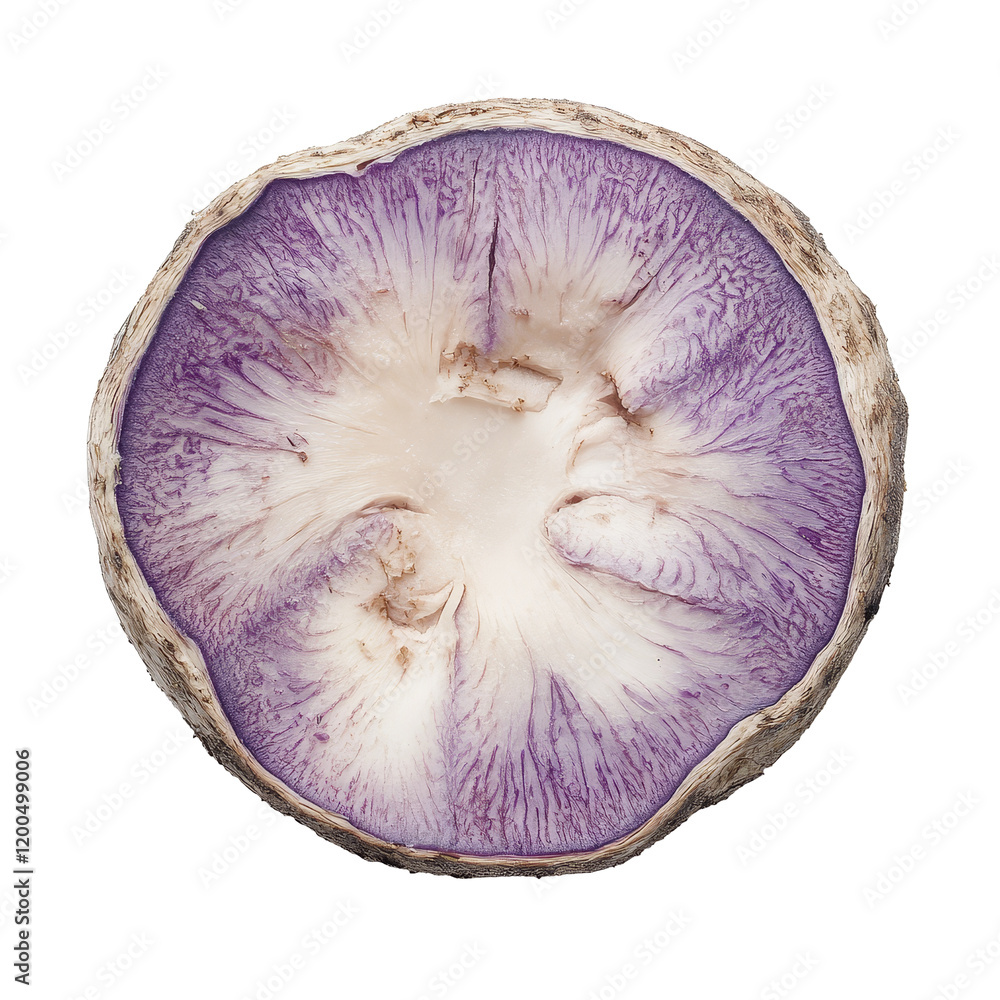 Poster closeup of a fresh taro slice with vibrant purple and transparent patterns on a clean transparent ba