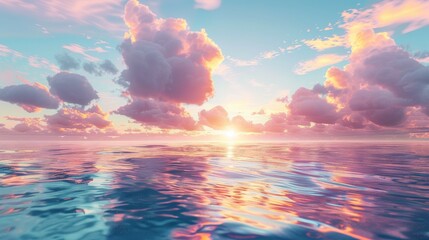 Fototapeta premium Colorful clouds floating over a serene ocean during sunrise, with the vibrant sky reflecting on the water