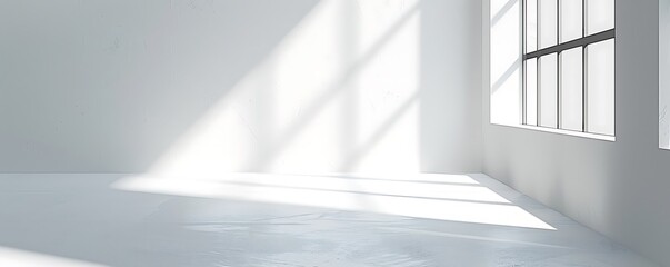 Sunlit empty room, white walls, large window, clean floor, product display