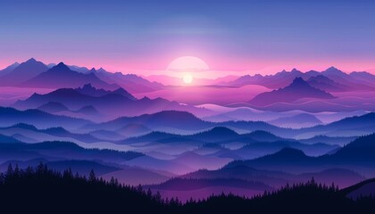 Obraz premium A stunning sunrise over a vast mountain range with a hazy, purple glow.