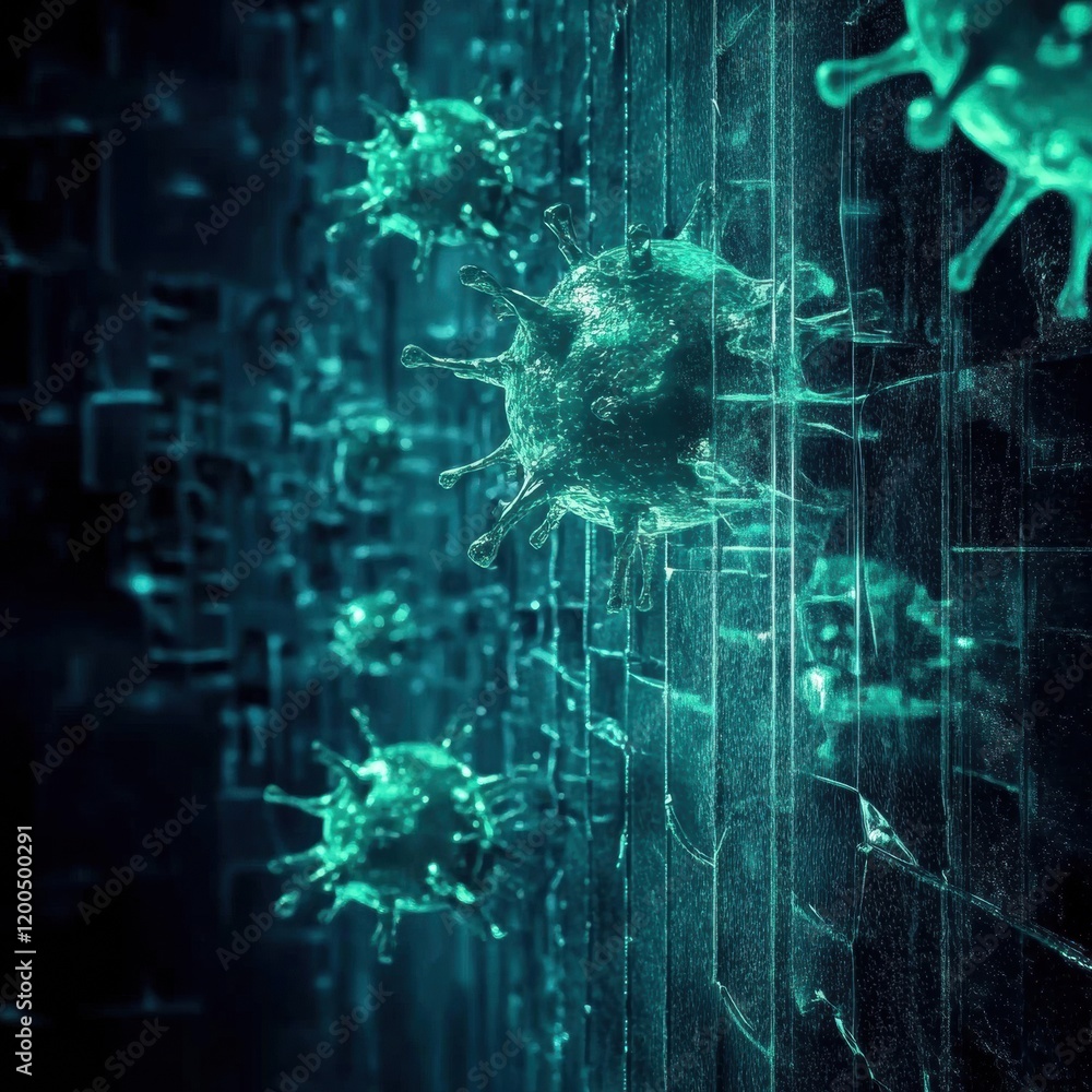 Fototapete strong glowing wall effectively deflecting viruses in a futuristic environment with vivid details an