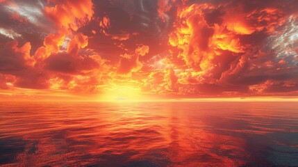 Obraz premium Dramatic orange and red clouds floating over a serene ocean at sunrise, their vibrant hues reflecting on the water