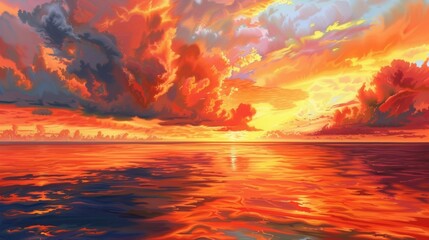 Fototapeta premium Dramatic orange and red clouds hovering above a calm ocean at sunrise, their vibrant hues reflecting on the water