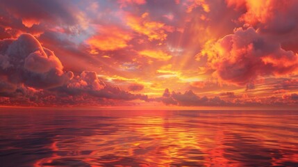 Fototapeta premium Dramatic orange and red clouds hovering above a tranquil ocean at sunrise, their vibrant hues reflecting on the water