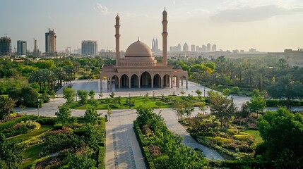 Naklejka premium Mosque park aerial sunrise cityscape