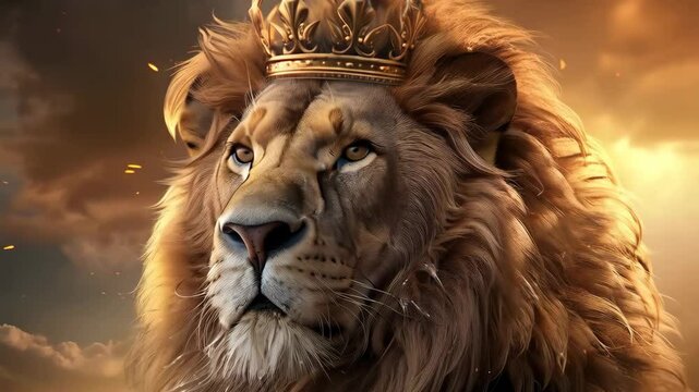 Majestic lion with crown on head as symbol of strength, royalty, leadership. Lion of Judah walking through the desert. Christian religion concept