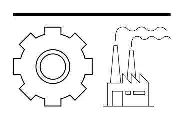 Gear beside a factory with smoking chimneys suggests production, industrial growth, and workflow. Ideal for manufacturing, engineering, productivity, industry, efficiency, planning abstract line