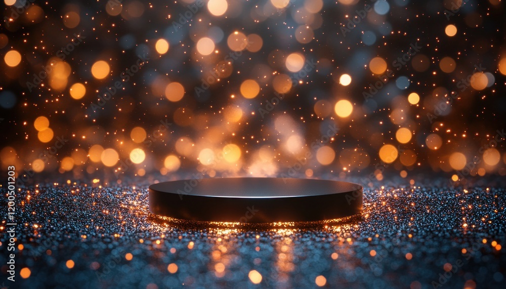 Poster luxury black and gold product display podium with dramatic spotlighting and elegant bokeh background