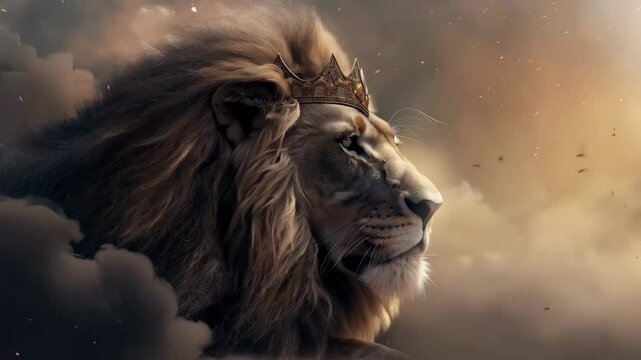 Majestic lion with crown on head as symbol of strength, royalty, leadership. Lion of Judah walking through the desert. Christian religion concept