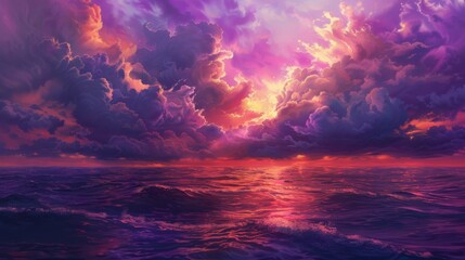 Fototapeta premium Dramatic purple and red clouds suspended above a serene sea at twilight, the vibrant colors reflecting on the water