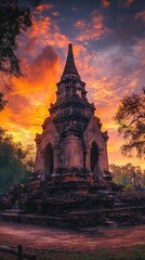 Fototapeta premium Ancient Stone Pagoda Glowing Under Soft Magical Sunset Colors